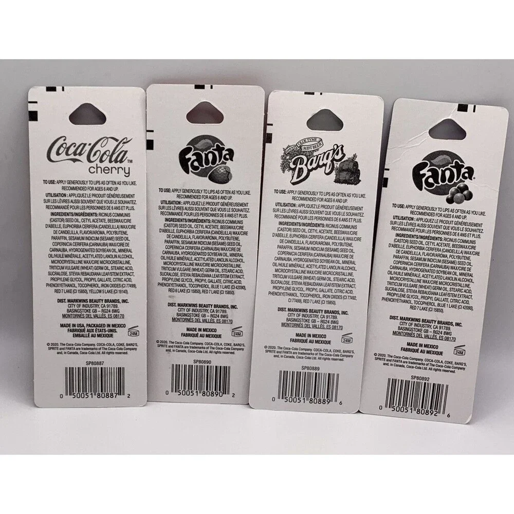 Licensed Soda Flavored Lip Balm-Coca Cola,Fanta, Cherry Cola, Barg’s￼. Lot Of 4